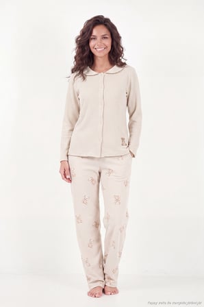 Lela Ayıcık Desenli Lastikli Bel Uzun Kollu Yumuşak Dokulu Pijama Takımı Kadın PİJAMA TAKIMI 6575023 KREM