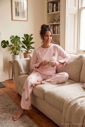 Lela Ayıcık Desenli Lastikli Bel Uzun Kollu Yumuşak Dokulu Pijama Takımı Kadın PİJAMA TAKIMI 6575023 PEMBE