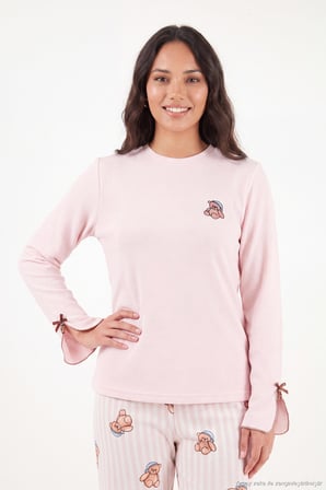 Lela Ayıcık Desenli Lastikli Bel Uzun Kollu Yumuşak Dokulu Pijama Takımı Kadın PİJAMA TAKIMI 6575023 PEMBE