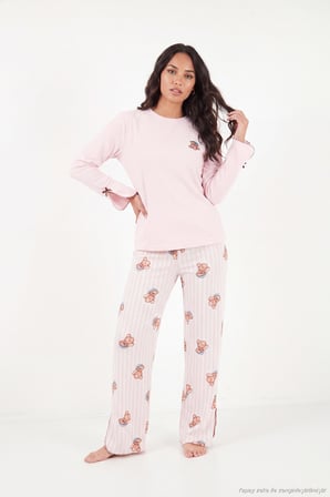 Lela Ayıcık Desenli Lastikli Bel Uzun Kollu Yumuşak Dokulu Pijama Takımı Kadın PİJAMA TAKIMI 6575023 PEMBE