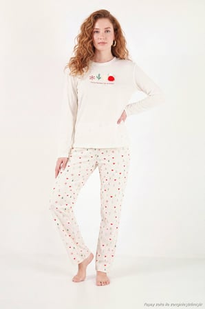 Lela Desenli Ultra Soft Uzun Kollu Pijama Takımı Kadın PİJAMA TAKIMI 6575016 KREM
