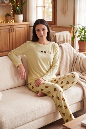 Lela Desenli Yumuşak Dokulu Uzun Kollu Pijama Takımı Kadın PİJAMA TAKIMI 6575016 SARI