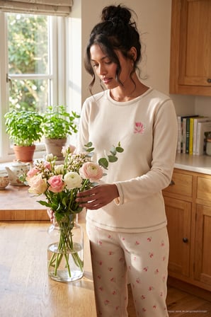 Lela Desenli Yumuşak Dokulu Uzun Kollu Pijama Takımı Kadın PİJAMA TAKIMI 6575020 KREM