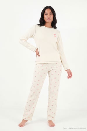 Lela Desenli Yumuşak Dokulu Uzun Kollu Pijama Takımı Kadın PİJAMA TAKIMI 6575020 KREM
