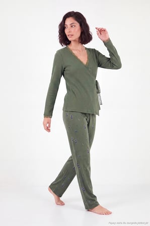 Lela Desenli Dantel Detaylı Bağlamalı Uzun Kollu Pijama Takımı Kadın PİJAMA TAKIMI 6575024 HAKİ