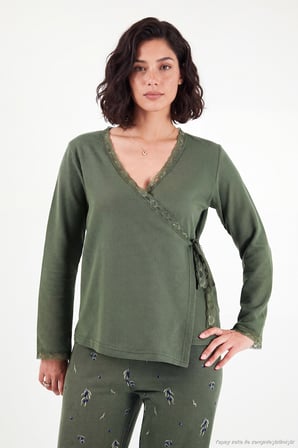 Lela Desenli Dantel Detaylı Bağlamalı Uzun Kollu Pijama Takımı Kadın PİJAMA TAKIMI 6575024 HAKİ