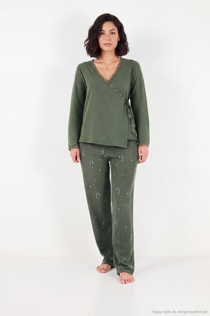 Lela Desenli Dantel Detaylı Bağlamalı Uzun Kollu Pijama Takımı Kadın PİJAMA TAKIMI 6575024 HAKİ