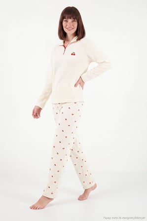 Lela Desenli Yumuşak Dokulu Yarım Fermuarlı Dik Yaka Pijama Takımı Kadın PİJAMA TAKIMI 6575017 KREM
