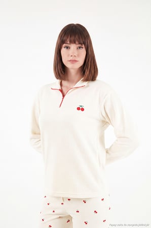 Lela Desenli Yumuşak Dokulu Yarım Fermuarlı Dik Yaka Pijama Takımı Kadın PİJAMA TAKIMI 6575017 KREM