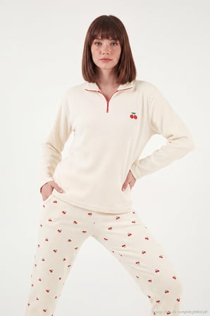 Lela Desenli Yumuşak Dokulu Yarım Fermuarlı Dik Yaka Pijama Takımı Kadın PİJAMA TAKIMI 6575017 KREM