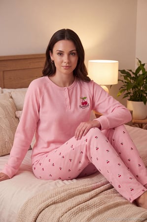 Lela Desenli Düğmeli Bisiklet Yaka Uzun Kollu Pijama Takımı Kadın PİJAMA TAKIMI 6575021 PEMBE