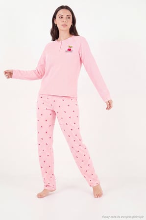 Lela Desenli Düğmeli Bisiklet Yaka Uzun Kollu Pijama Takımı Kadın PİJAMA TAKIMI 6575021 PEMBE