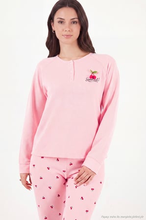 Lela Desenli Düğmeli Bisiklet Yaka Uzun Kollu Pijama Takımı Kadın PİJAMA TAKIMI 6575021 PEMBE