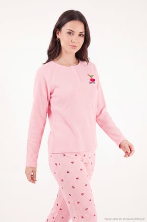 Lela Desenli Düğmeli Bisiklet Yaka Uzun Kollu Pijama Takımı Kadın PİJAMA TAKIMI 6575021 PEMBE