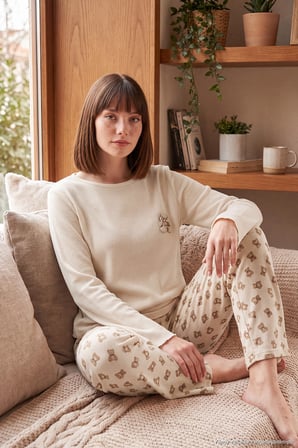 Lela Yumuşak Dokulu Desenli Uzun Kollu Pijama Takımı Kadın PİJAMA TAKIMI 6575018 KREM