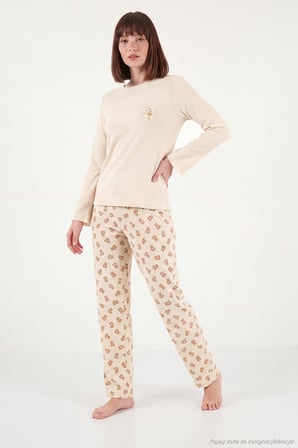 Lela Yumuşak Dokulu Desenli Uzun Kollu Pijama Takımı Kadın PİJAMA TAKIMI 6575018 KREM