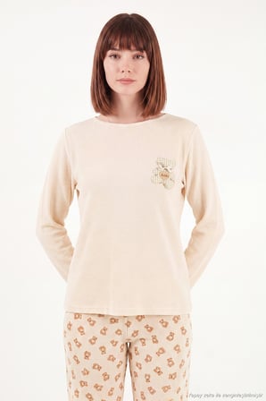 Lela Yumuşak Dokulu Desenli Uzun Kollu Pijama Takımı Kadın PİJAMA TAKIMI 6575018 KREM