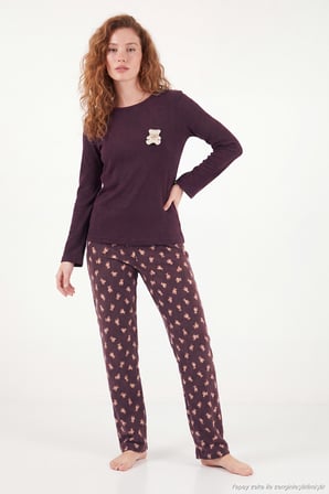 Lela Yumuşak Dokulu Desenli Uzun Kollu Pijama Takımı Kadın PİJAMA TAKIMI 6575018 KAHVE
