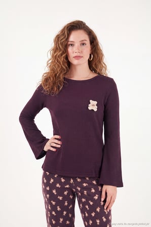 Lela Yumuşak Dokulu Desenli Uzun Kollu Pijama Takımı Kadın PİJAMA TAKIMI 6575018 KAHVE