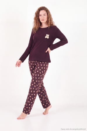 Lela Yumuşak Dokulu Desenli Uzun Kollu Pijama Takımı Kadın PİJAMA TAKIMI 6575018 KAHVE