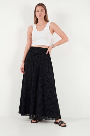 Lela Lastikli Yüksek Bel Desenli Maxi Şifon Etek Bayan ETEK 6698075 SİYAH