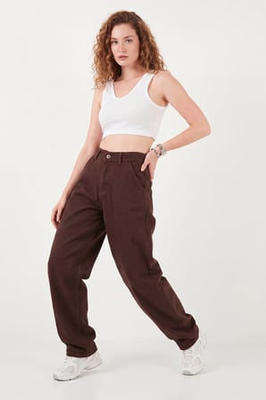 Lela Pamuklu Yüksek Bel Daralan Paça Baggy Kot Pantolon Bayan KOT PANTOLON 66930083 KAHVE