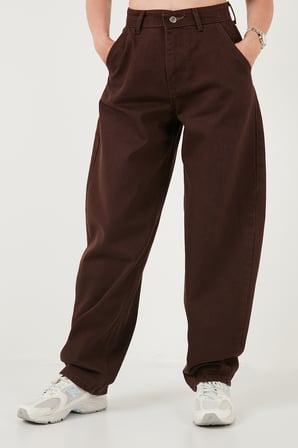 Lela Pamuklu Yüksek Bel Daralan Paça Baggy Kot Pantolon Bayan KOT PANTOLON 66930083 KAHVE