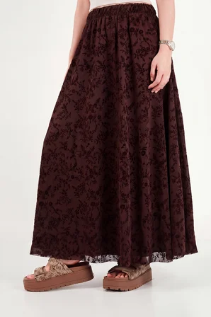 Lela Lastikli Yüksek Bel Desenli Maxi Şifon Etek Bayan ETEK 6698075 KAHVE