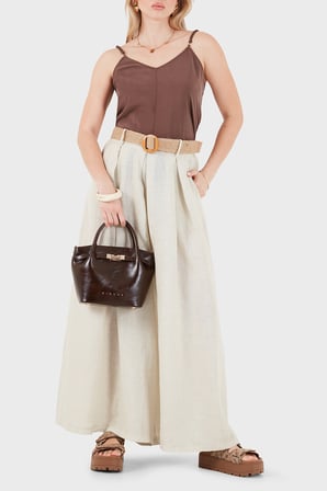 Via Dante Relaxed Fit Yüksek Bel Bol Paça Keten Pantolon Bayan PANTOLON 7544 BEJ