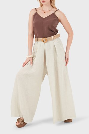 Via Dante Relaxed Fit Yüksek Bel Bol Paça Keten Pantolon Bayan PANTOLON 7544 BEJ