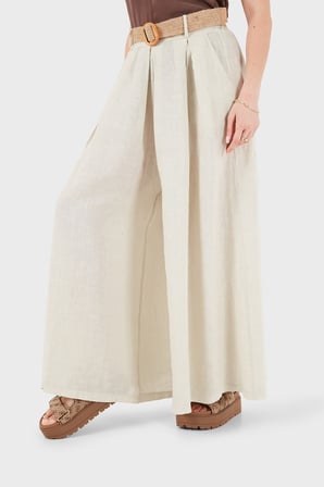 Via Dante Relaxed Fit Yüksek Bel Bol Paça Keten Pantolon Bayan PANTOLON 7544 BEJ