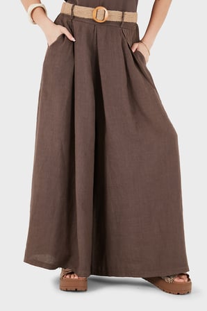 Via Dante Relaxed Fit Yüksek Bel Bol Paça Keten Pantolon Bayan PANTOLON 7544 KAHVE