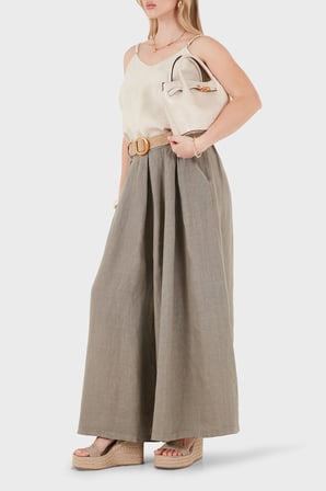 Via Dante Relaxed Fit Yüksek Bel Bol Paça Keten Pantolon Bayan PANTOLON 7544 TOPRAK