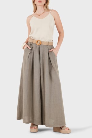 Via Dante Relaxed Fit Yüksek Bel Bol Paça Keten Pantolon Bayan PANTOLON 7544 TOPRAK
