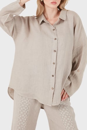 Via Dante % 100 Keten Oversize Yarı Transparan Gömlek Bayan GÖMLEK 7697 BEJ