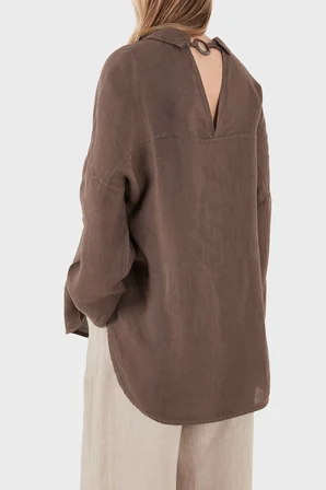 Via Dante % 100 Keten Oversize Yarı Transparan Gömlek Bayan GÖMLEK 7697 KAHVE