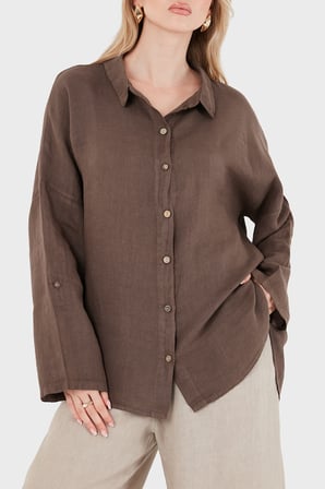 Via Dante % 100 Keten Oversize Yarı Transparan Gömlek Bayan GÖMLEK 7697 KAHVE