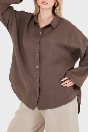 Via Dante % 100 Keten Oversize Yarı Transparan Gömlek Bayan GÖMLEK 7697 KAHVE