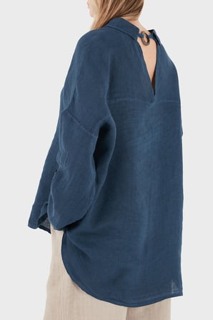 Via Dante % 100 Keten Oversize Yarı Transparan Gömlek Bayan GÖMLEK 7697 LACİVERT