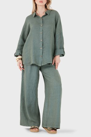Via Dante % 100 Keten Oversize Yarı Transparan Gömlek Bayan GÖMLEK 7697 HAKİ