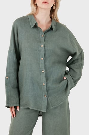 Via Dante % 100 Keten Oversize Yarı Transparan Gömlek Bayan GÖMLEK 7697 HAKİ