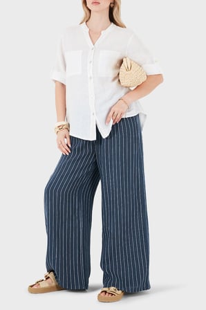 Via Dante Çizgili Relaxed Fit Yüksek Bel Bol Paça Keten Pantolon Bayan PANTOLON 5056RN LACİVERT