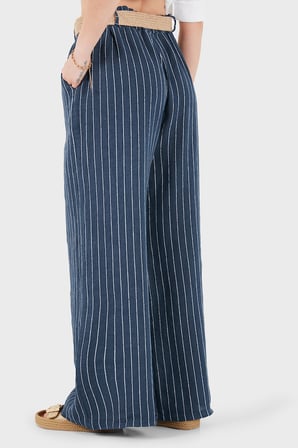 Via Dante Çizgili Relaxed Fit Yüksek Bel Bol Paça Keten Pantolon Bayan PANTOLON 5056RN LACİVERT