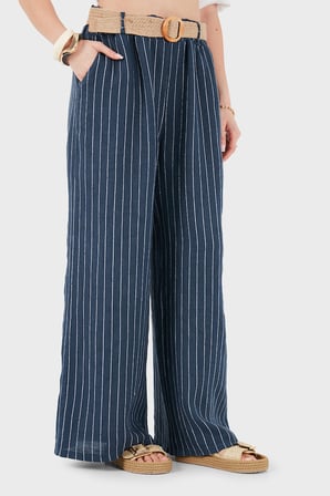 Via Dante Çizgili Relaxed Fit Yüksek Bel Bol Paça Keten Pantolon Bayan PANTOLON 5056RN LACİVERT