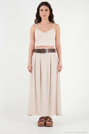 Lela Pile Detaylı Yırtmaçlı Kemerli Maxi Etek Bayan ETEK 145M39613 TAŞ