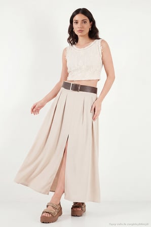 Lela Pile Detaylı Yırtmaçlı Kemerli Maxi Etek Bayan ETEK 145M39613 TAŞ