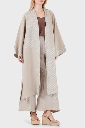 Via Dante % 100 Keten Brode İşlemeli Kimono Bayan KİMONO 69912196 VİZON