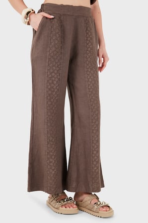 Via Dante % 100 Keten Relaxed Fit Brode İşlemeli Pantolon Bayan PANTOLON 69912211 KAHVE