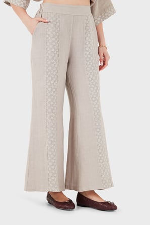 Via Dante % 100 Keten Relaxed Fit Brode İşlemeli Pantolon Bayan PANTOLON 69912211 VİZON