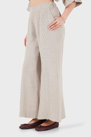 Via Dante % 100 Keten Relaxed Fit Brode İşlemeli Pantolon Bayan PANTOLON 69912211 VİZON